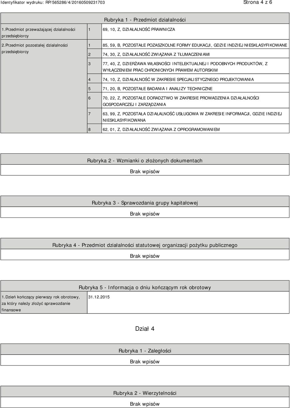 TŁUMACZENIAMI 3 77, 40, Z, DZIERŻAWA WŁASNOŚCI INTELEKTUALNEJ I PODOBNYCH PRODUKTÓW, Z WYŁĄCZEM PRAC CHRONIONYCH PRAWEM AUTORSKIM 4 74, 10, Z, DZIAŁALNOŚĆ W ZAKRESIE SPECJALISTYCZNEGO PROJEKTOWANIA 5