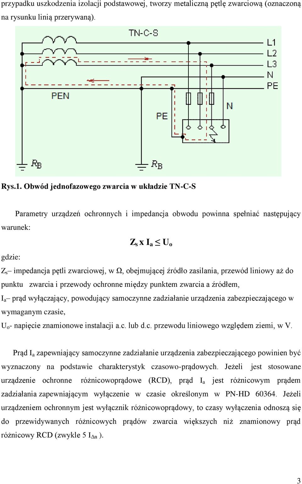 obejmującej źródło zasilania, przewód liniowy aż do punktu zwarcia i przewody ochronne między punktem zwarcia a źródłem, I a prąd wyłączający, powodujący samoczynne zadziałanie urządzenia