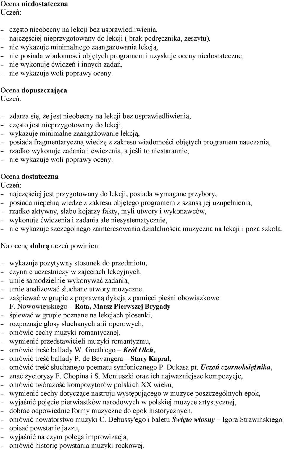 nieprzygotowany do lekcji, wykazuje minimalne zaangażowanie lekcją, posiada fragmentaryczną wiedzę z zakresu wiadomości objętych programem nauczania, rzadko wykonuje zadania i ćwiczenia, a jeśli to