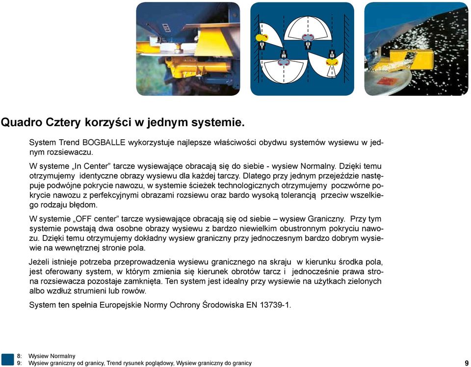 Dlatego przy jednym przejeździe następuje podwójne pokrycie nawozu, w systemie ścieżek technologicznych otrzymujemy poczwórne pokrycie nawozu z perfekcyjnymi obrazami rozsiewu oraz bardo wysoką