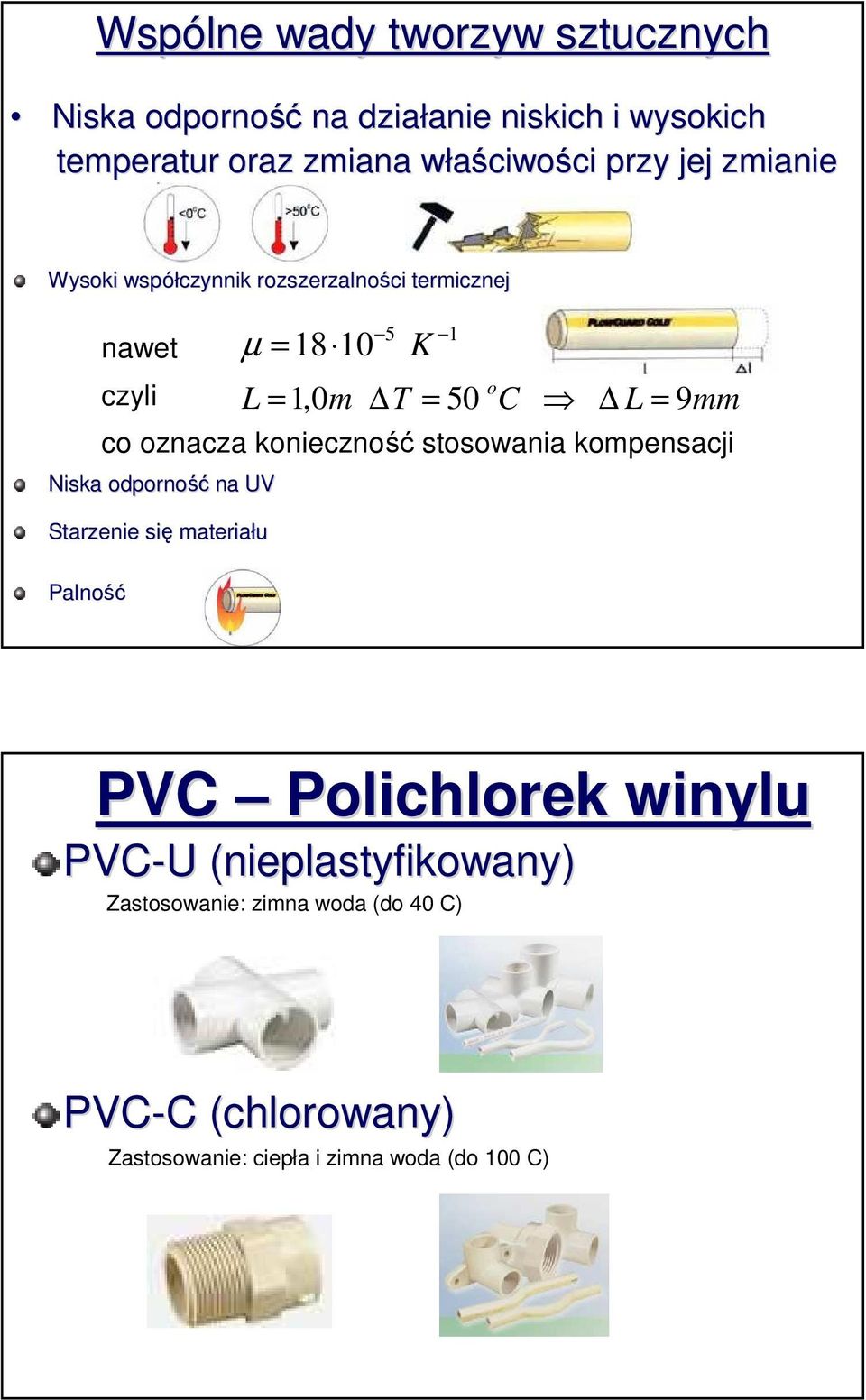 L = 1,0m T = 50 C L = 9mm co oznacza konieczność stosowania kompensacji Starzenie się materiału Palność PVC Polichlorek