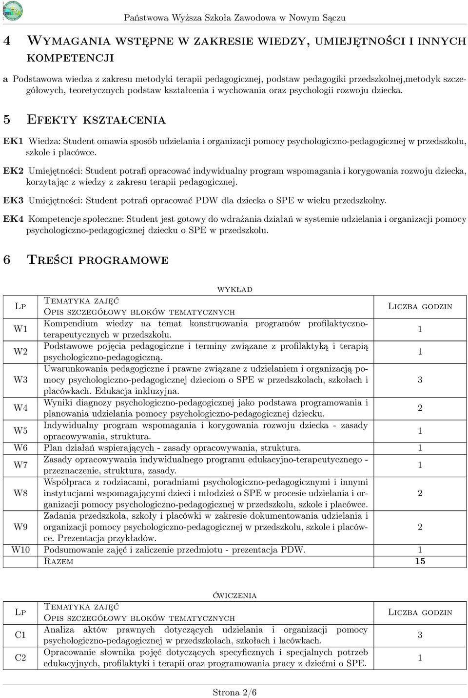 5 Efekty kształcenia EK Wiedza: Student omawia sposób udzielania i organizacji pomocy psychologiczno-pedagogicznej w przedszkolu, szkole i placówce.