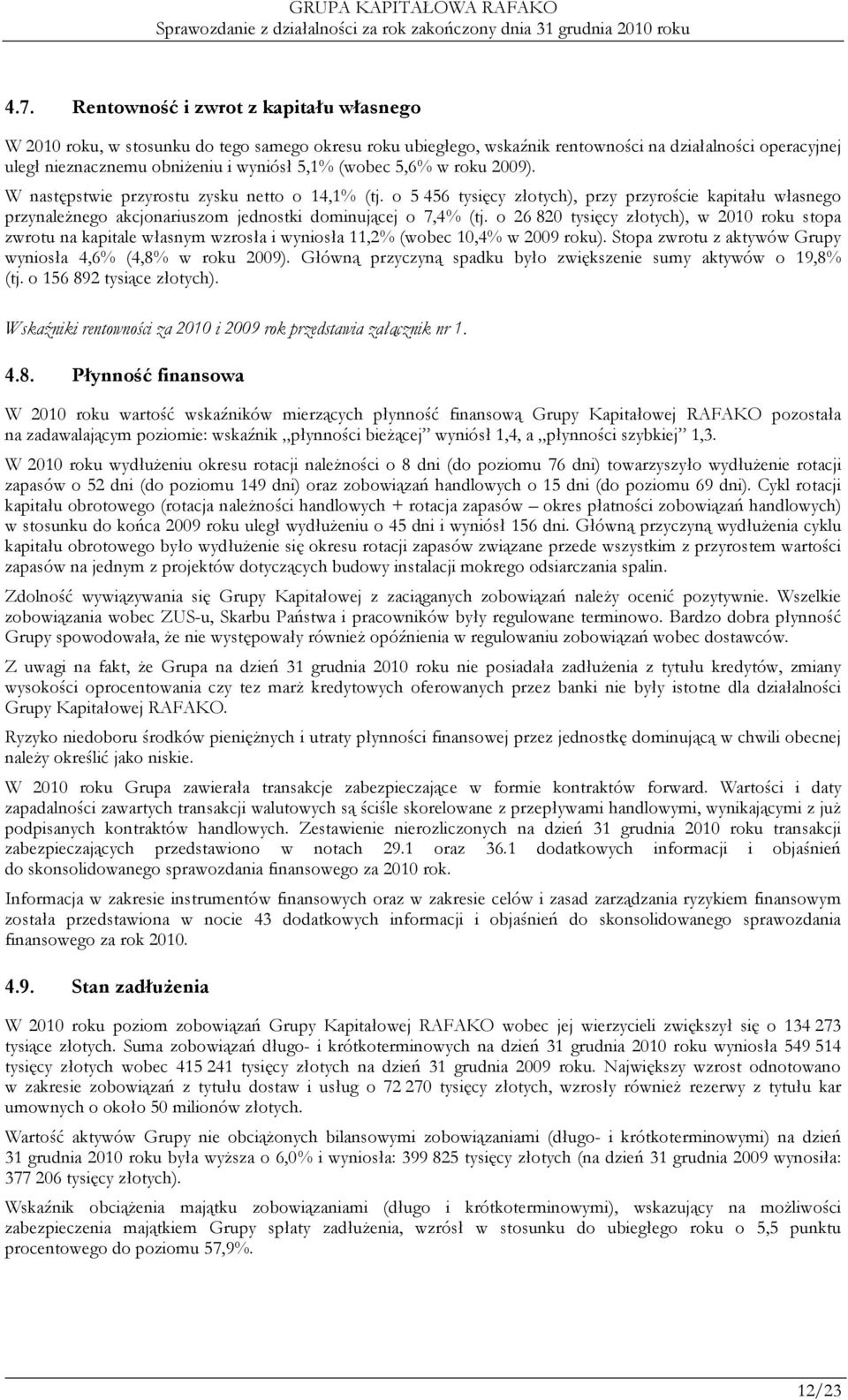 o 26 820 tysięcy złotych), w 2010 roku stopa zwrotu na kapitale własnym wzrosła i wyniosła 11,2% (wobec 10,4% w 2009 roku). Stopa zwrotu z aktywów Grupy wyniosła 4,6% (4,8% w roku 2009).