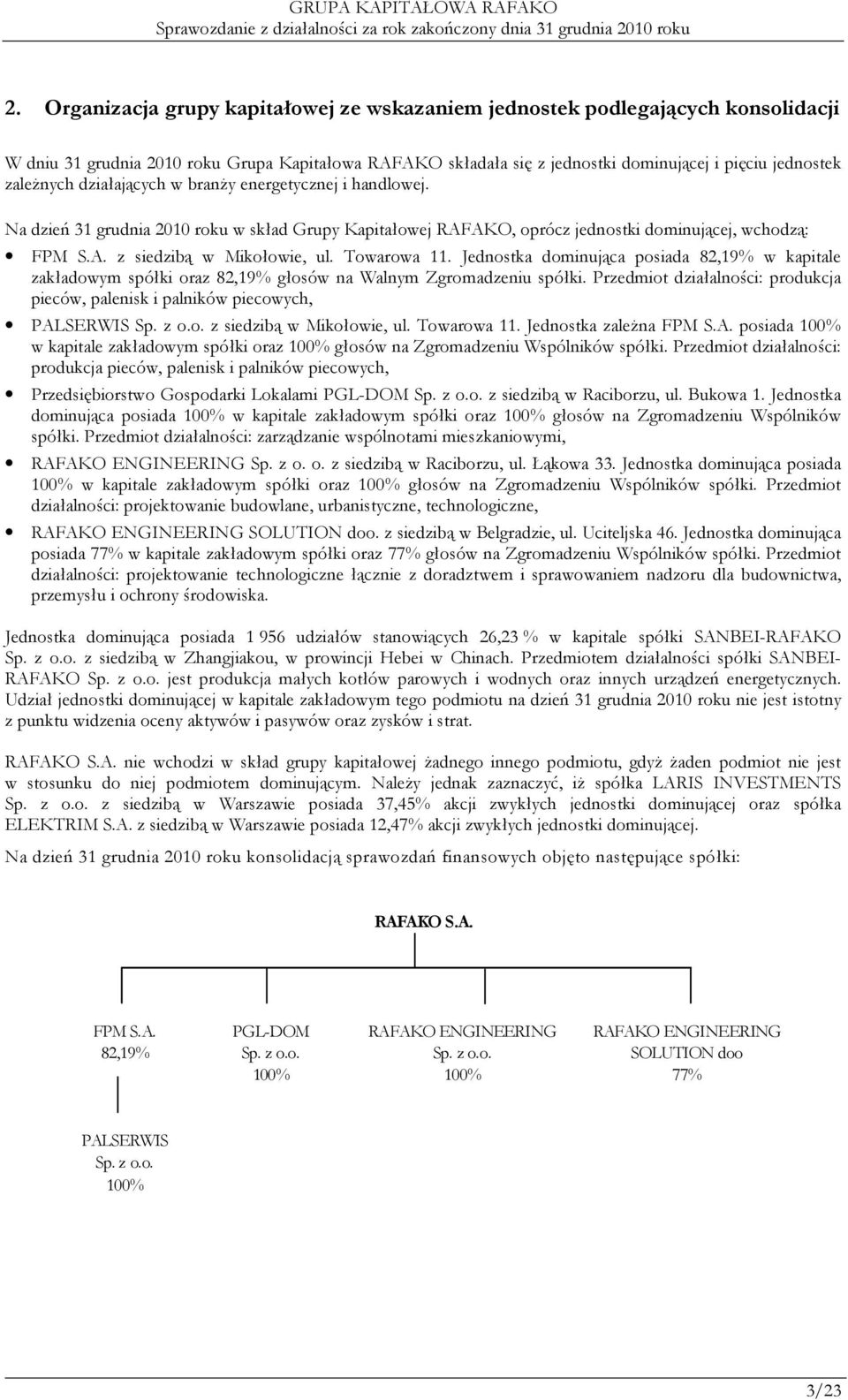 Towarowa 11. Jednostka dominująca posiada 82,19% w kapitale zakładowym spółki oraz 82,19% głosów na Walnym Zgromadzeniu spółki.