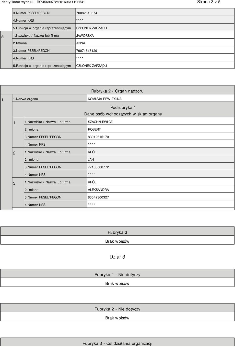 Nazwa organu KOMISJA REWIZYJNA Podrubryka 1 Dane osób wchodzących w skład organu 1 1.Nazwisko / Nazwa lub firma SZACHNIEWICZ ROBERT 3.