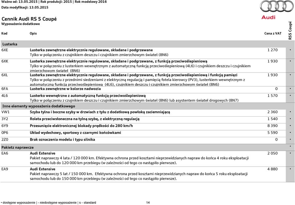 przeciwoślepieniową (4L6) i czujnikiem deszczu i czujnikiem zmierzchowym świateł (8N6) 6XL Lusterka zewnętrzne elektrycznie regulowane, składane i podgrzewane, z funkcją przeciwoślepieniową i funkcją