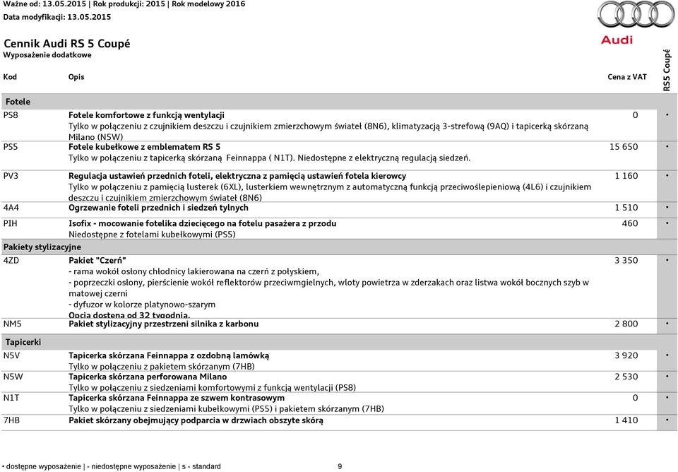 0 15 650 PV3 Regulacja ustawień przednich foteli, elektryczna z pamięcią ustawień fotela kierowcy 1 160 Tylko w połączeniu z pamięcią lusterek (6XL), lusterkiem wewnętrznym z automatyczną funkcją