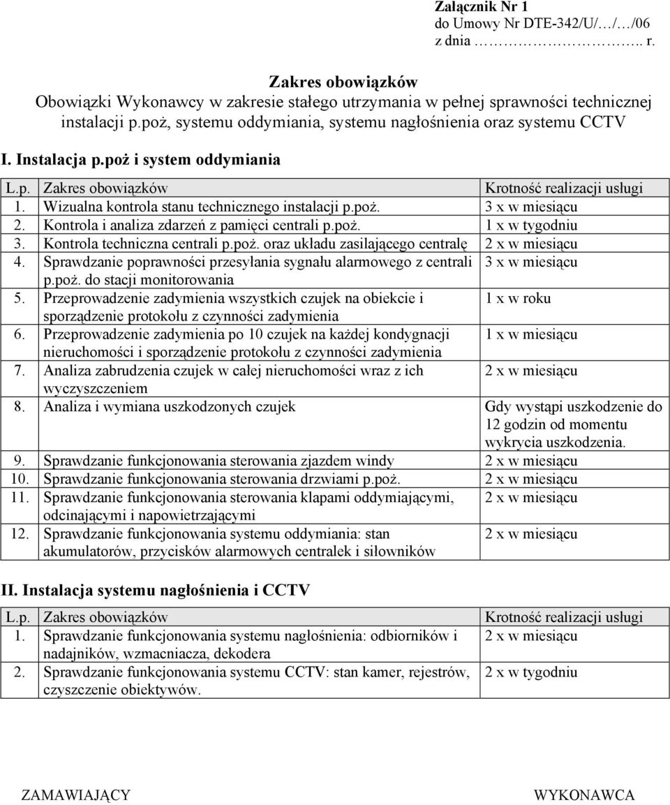 Wizualna kontrola stanu technicznego instalacji p.poż. 3 x w miesiącu 2. Kontrola i analiza zdarzeń z pamięci centrali p.poż. 1 x w tygodniu 3. Kontrola techniczna centrali p.poż. oraz układu zasilającego centralę 2 x w miesiącu 4.