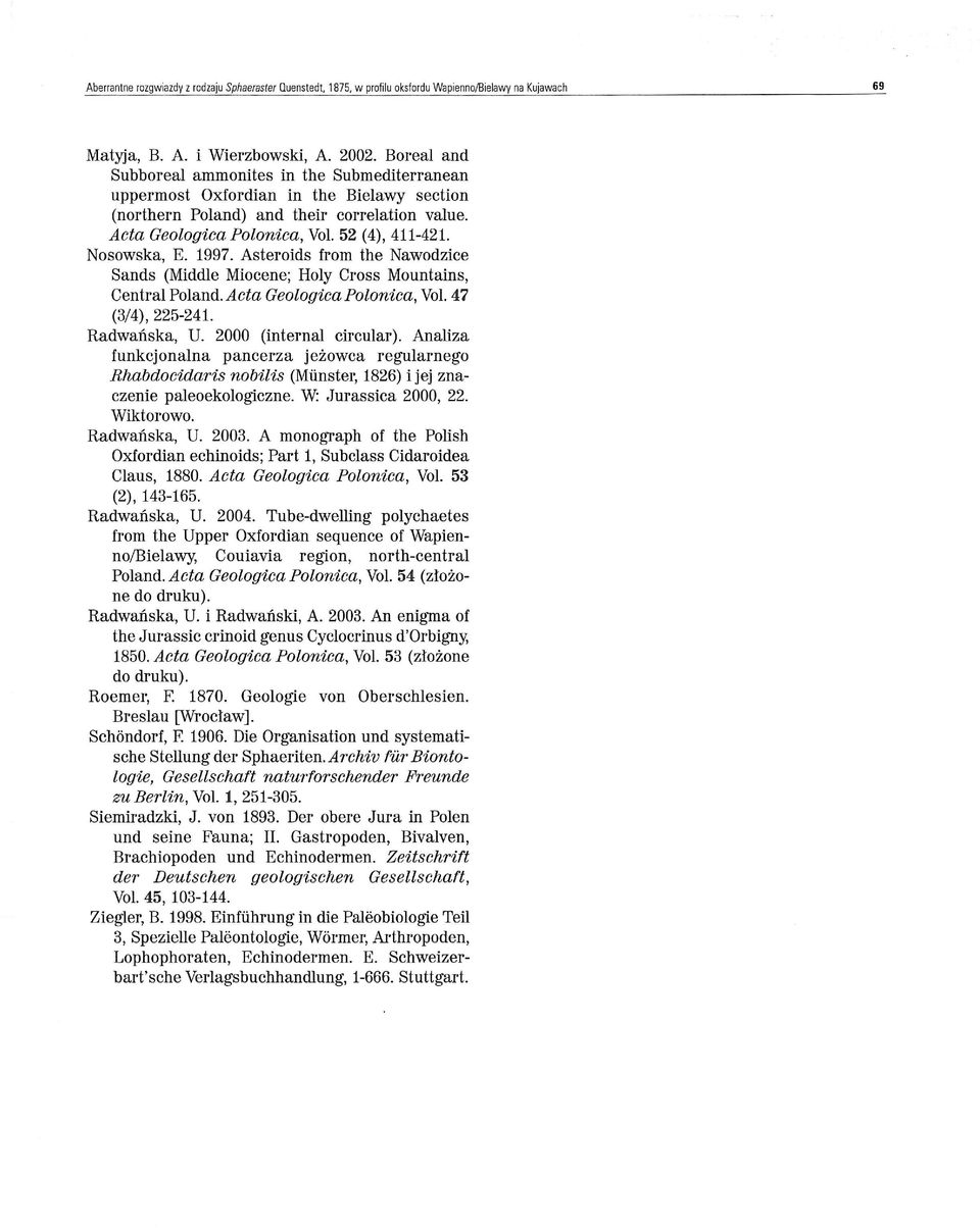 Nosowska, E. 1997. Asteroids from the Nawodzice Sands (Middle Miocene; Holy Cross Mountains, Central Poland. Acta GeologicaPolonica, Vol. 47 (3/4), 225-241. Radwańska, U. 2000 (internal circular).