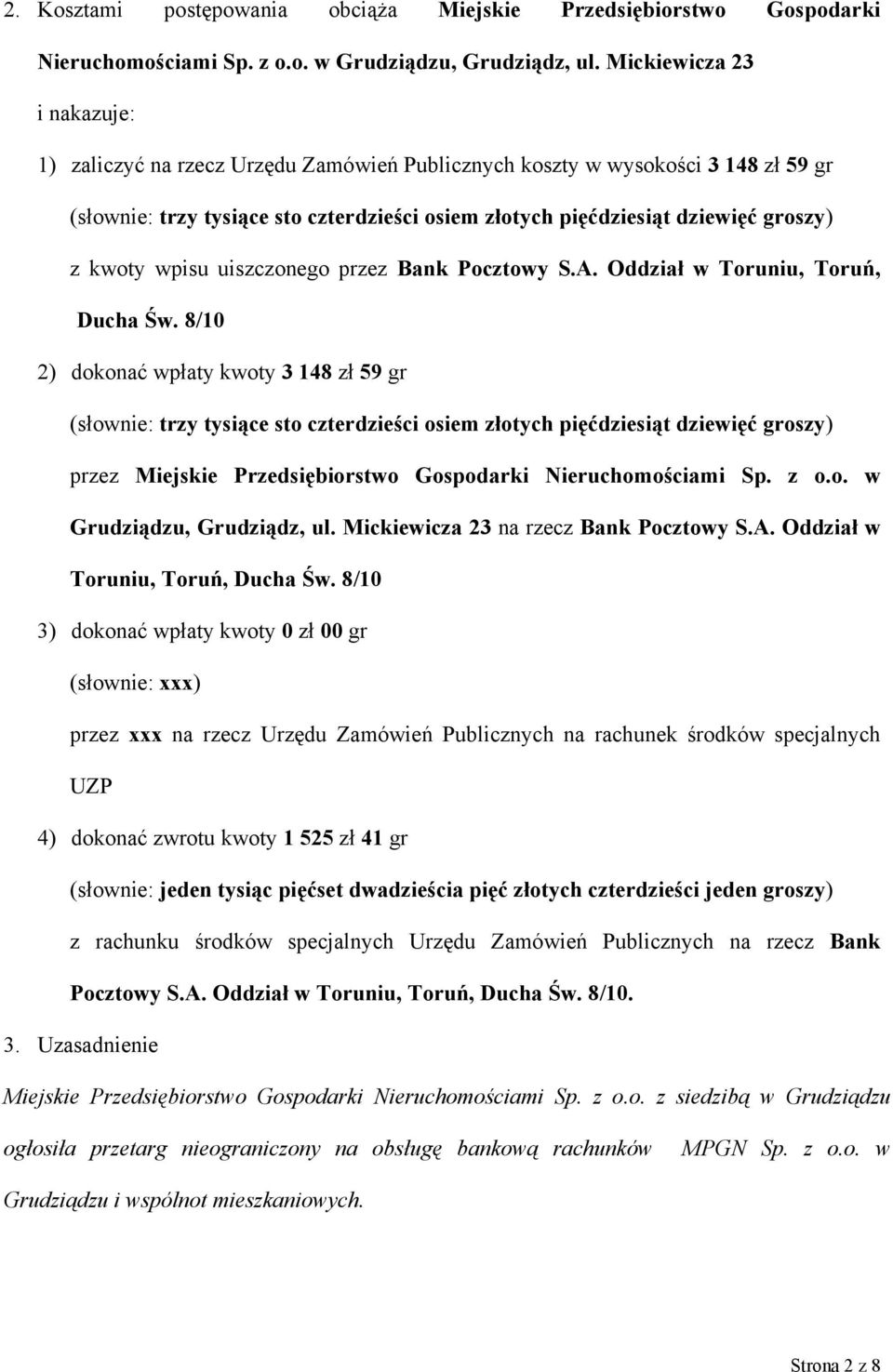 kwoty wpisu uiszczonego przez Bank Pocztowy S.A. Oddział w Toruniu, Toruń, Ducha Św.