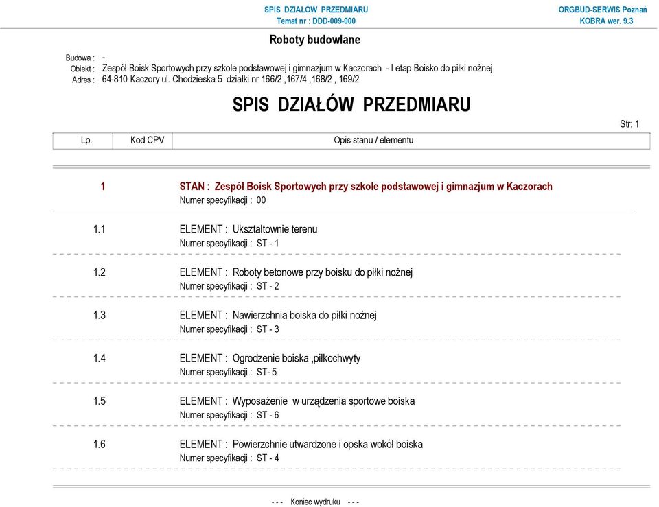 Kod CPV Opis stanu / elementu Str: 1 1 STAN : Zespół Boisk Sportowych przy szkole podstawowej i gimnazjum w Kaczorach Numer specyfikacji : 00 1.1 ELEMENT : Uksztaltownie terenu 1.