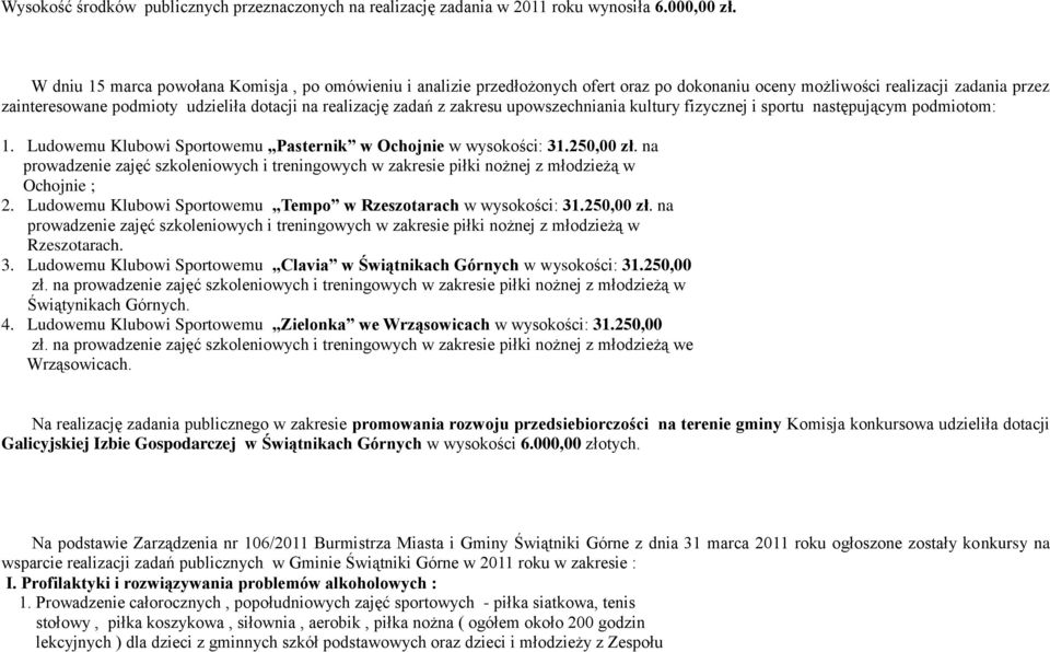 z zakresu upowszechniania kultury fizycznej i sportu następującym podmiotom: 1. Ludowemu Klubowi Sportowemu Pasternik w Ochojnie w wysokości: 31.250,00 zł.