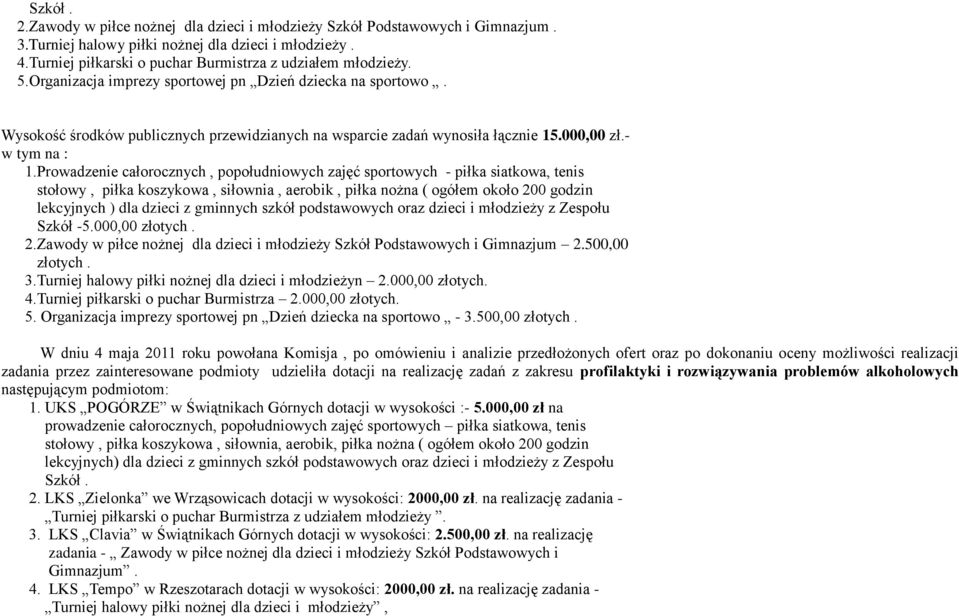 Wysokość środków publicznych przewidzianych na wsparcie zadań wynosiła łącznie 15.000,00 zł.- w tym na : 1.