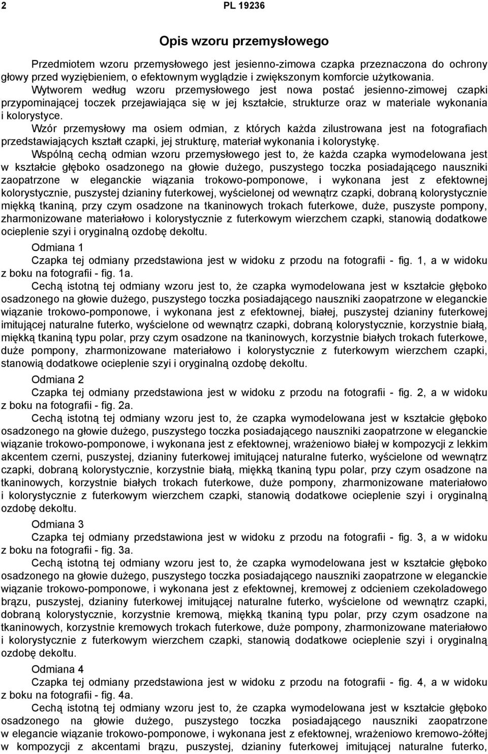 Wzór przemysłowy ma osiem odmian, z których każda zilustrowana jest na fotografiach przedstawiających kształt czapki, jej strukturę, materiał wykonania i kolorystykę.