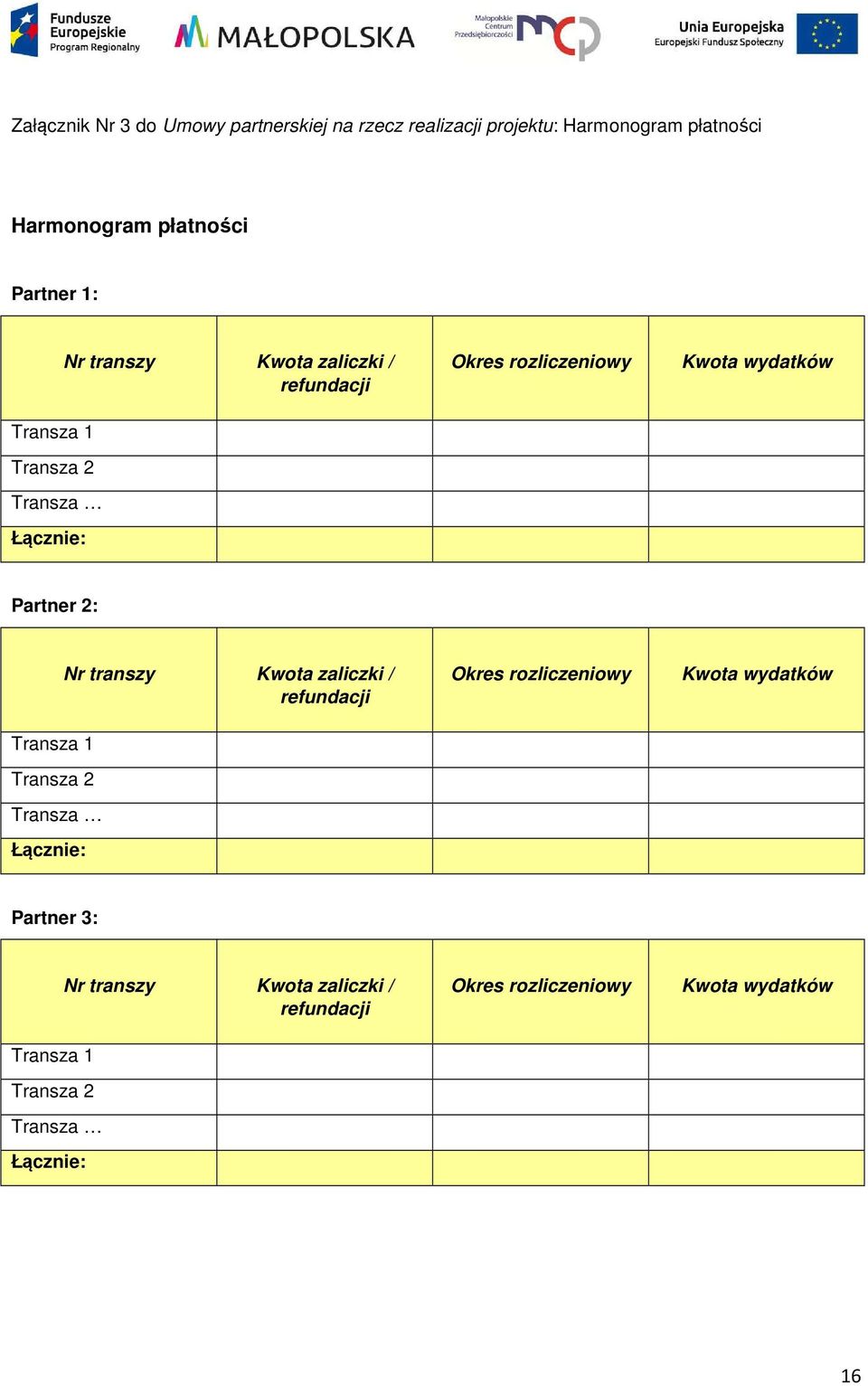 Partner 2: Transza 1 Transza 2 Transza Łącznie: Nr transzy Kwota zaliczki / refundacji Okres rozliczeniowy Kwota