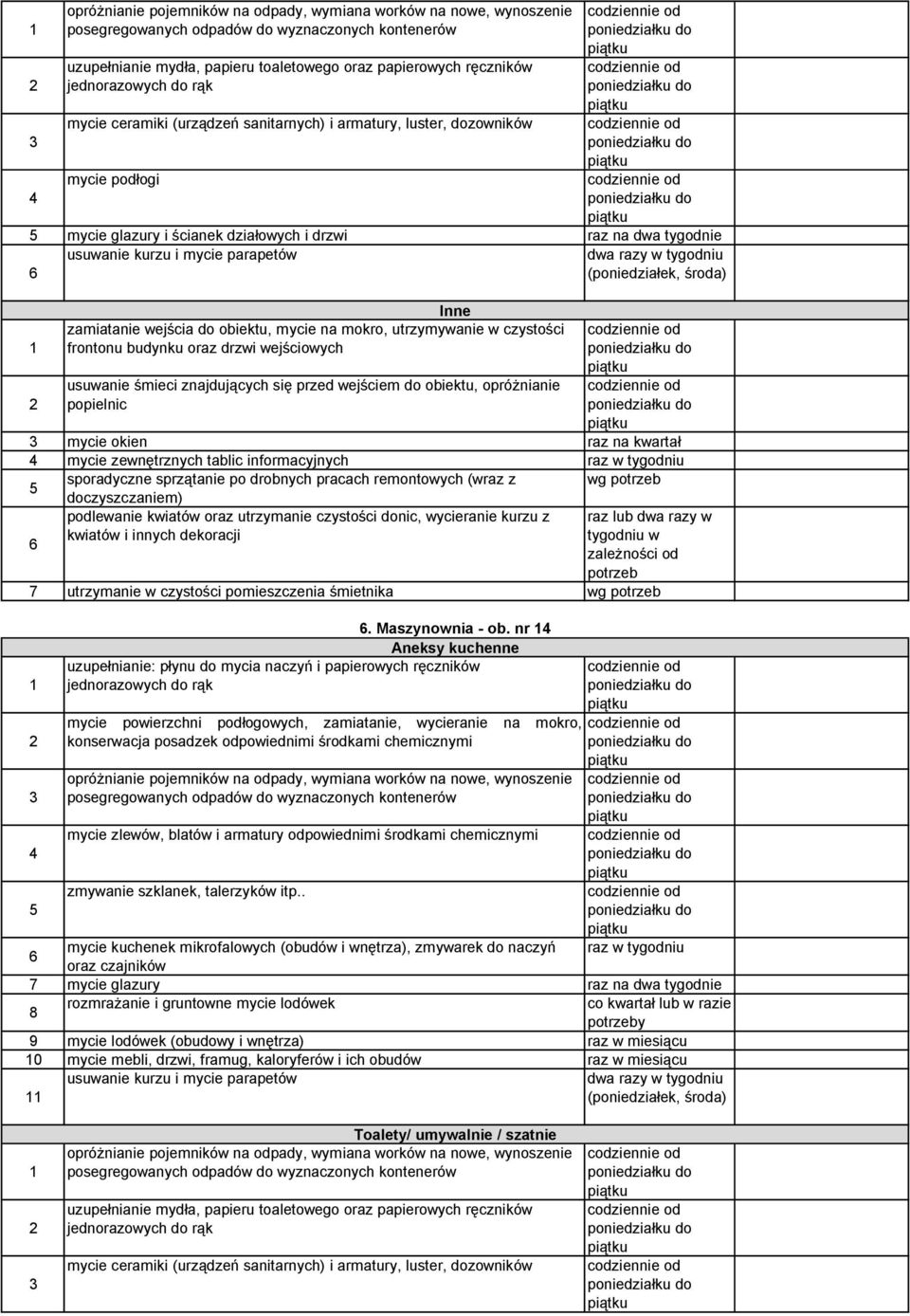 opróżnianie popielnic mycie okien mycie zewnętrznych tablic informacyjnych sporadyczne sprzątanie po drobnych pracach remontowych (wraz z wg doczyszczaniem) podlewanie kwiatów oraz utrzymanie