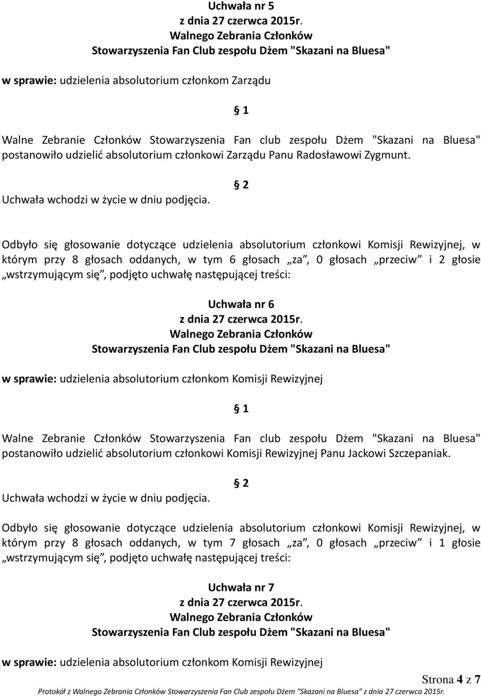 nr 6 w sprawie: udzielenia absolutorium członkom Komisji Rewizyjnej postanowiło udzielić absolutorium członkowi Komisji Rewizyjnej Panu Jackowi Szczepaniak.