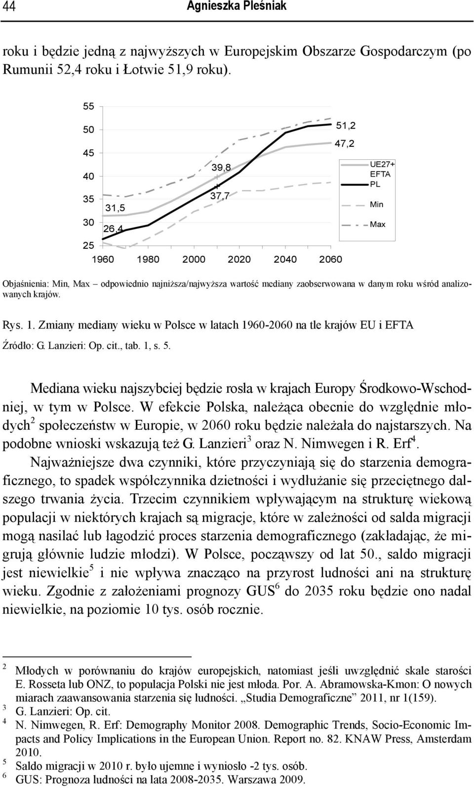 wśród analizowanych krajów. Rys. 1. Zmiany mediany wieku w Polsce w latach 1960-2060 na tle krajów EU i EFTA Źródło: G. Lanzieri: Op. cit., tab. 1, s. 5.