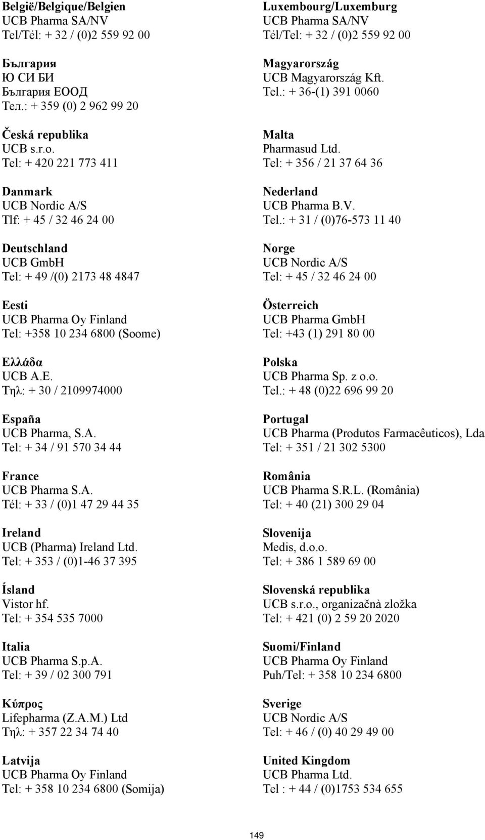 λάδα UCB Α.Ε. Τηλ: + 30 / 2109974000 España UCB Pharma, S.A. Tel: + 34 / 91 570 34 44 France UCB Pharma S.A. Tél: + 33 / (0)1 47 29 44 35 Ireland UCB (Pharma) Ireland Ltd.