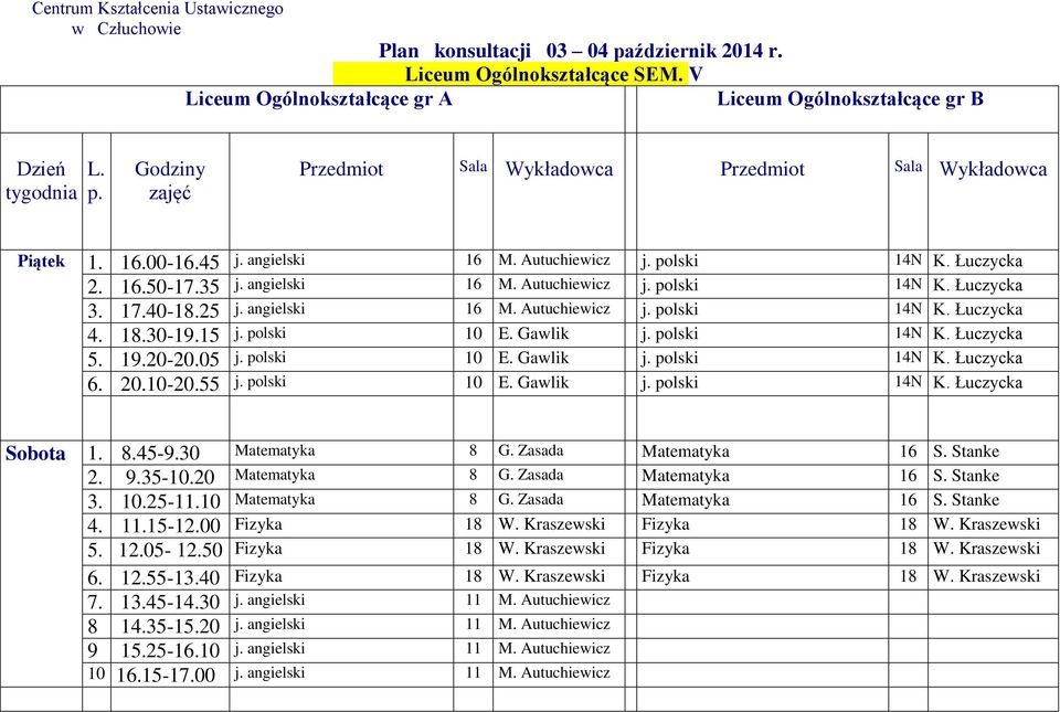 18.30-19.15 j. plski 10 E. Gwlik j. plski 14N K. Łuczyck 5. 19.20-20.05 j. plski 10 E. Gwlik j. plski 14N K. Łuczyck 6. 20.10-20.55 j. plski 10 E. Gwlik j. plski 14N K. Łuczyck 1. 8.45-9.30 Memyk 8 G.