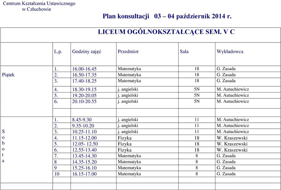 8.45-9.30 j. ngielski 11 M. Auuchiewicz 2. 9.35-10.20 j. ngielski 11 M. Auuchiewicz 3. 10.25-11.10 j. ngielski 11 M. Auuchiewicz 4. 11.15-12.00 Fizyk 18 W. Krszewski 5. 12.05-12.