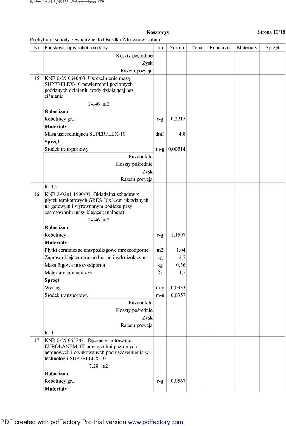 i r-g 0,2215 Masa uszczelniająca SUPERFLEX-10 dm3 4,8 Środek transportowy m-g 0,00514 R=1,2 16 KNR 2-02u1 1900/03 Okładzina schodów z płytek terakotowych GRES 30x30cm układanych na gotowym i