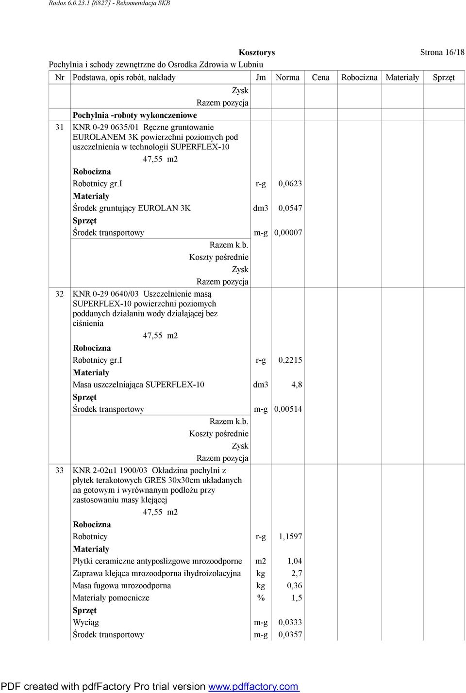 i r-g 0,0623 Środek gruntujący EUROLAN 3K dm3 0,0547 Środek transportowy m-g 0,00007 32 KNR 0-29 0640/03 Uszczelnienie masą SUPERFLEX-10 powierzchni poziomych poddanych działaniu wody działającej bez