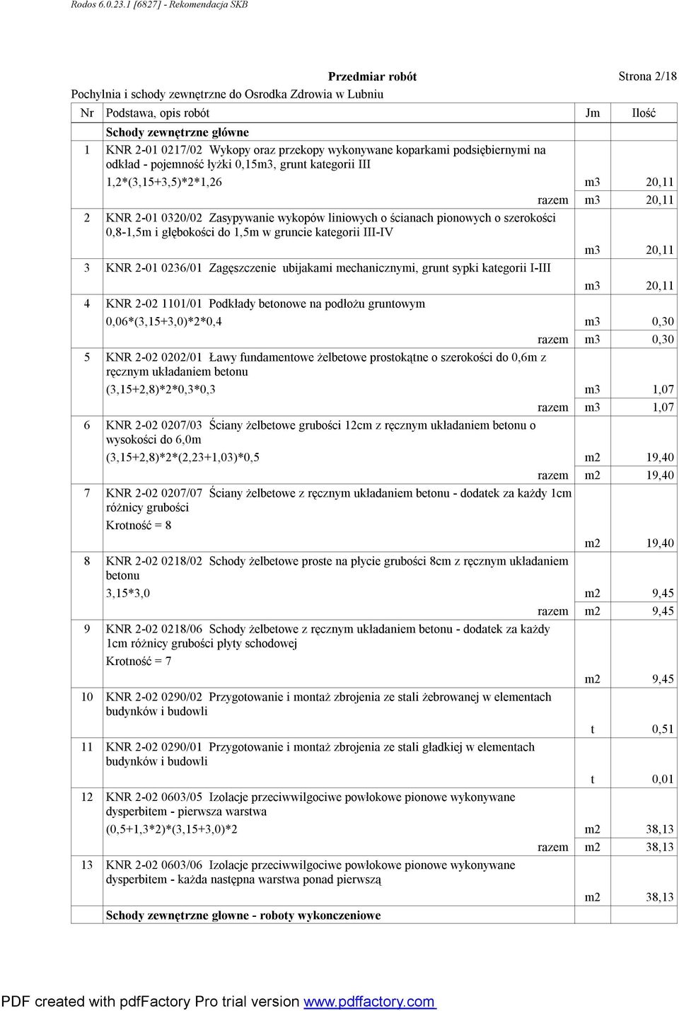 III-IV m3 20,11 3 KNR 2-01 0236/01 Zagęszczenie ubijakami mechanicznymi, grunt sypki kategorii I-III m3 20,11 4 KNR 2-02 1101/01 Podkłady betonowe na podłożu gruntowym 0,06*(3,15+3,0)*2*0,4 m3 0,30