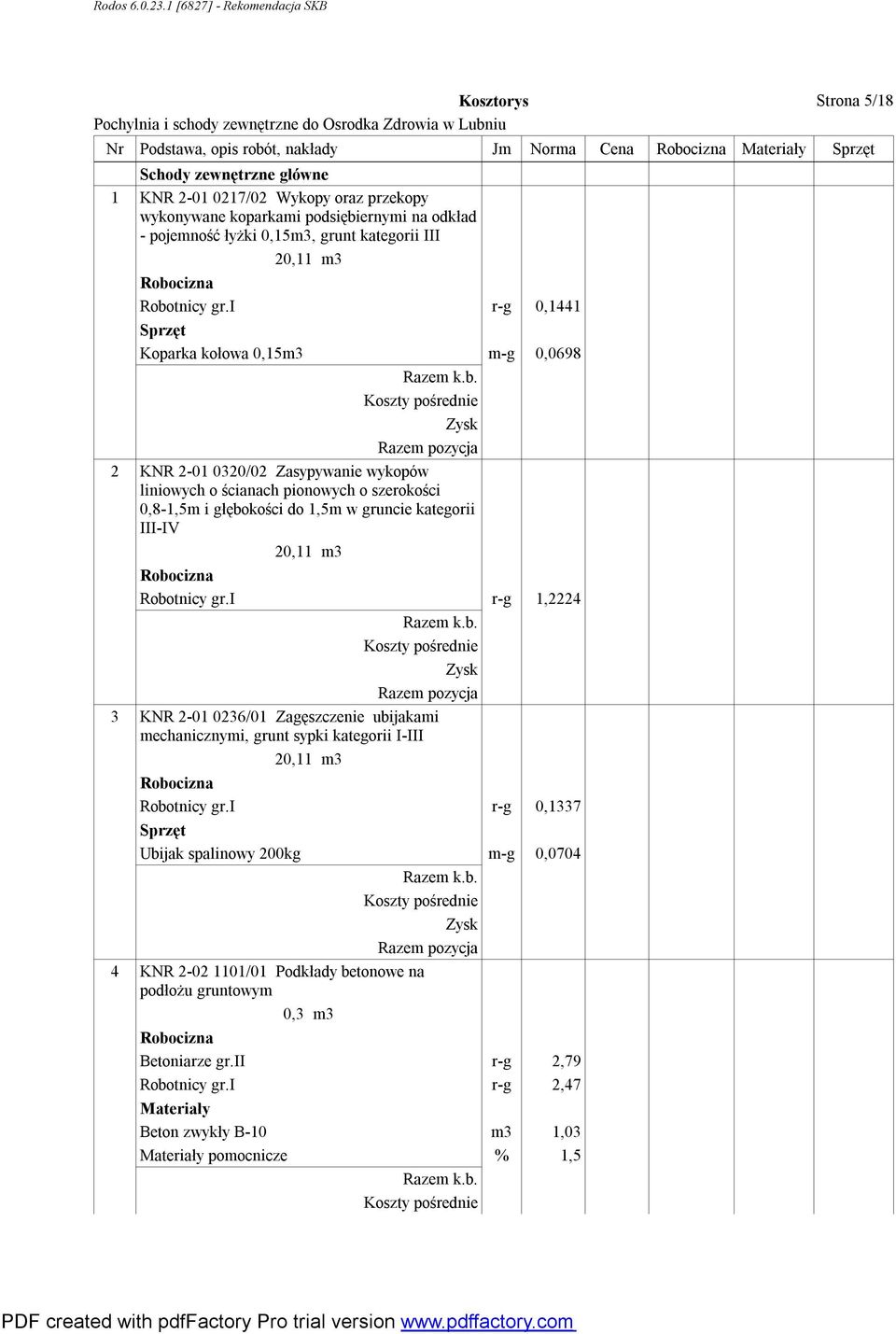 i r-g 0,1441 Koparka kołowa 0,15m3 m-g 0,0698 2 KNR 2-01 0320/02 Zasypywanie wykopów liniowych o ścianach pionowych o szerokości 0,8-1,5m i głębokości do 1,5m w gruncie kategorii III-IV 20,11 m3