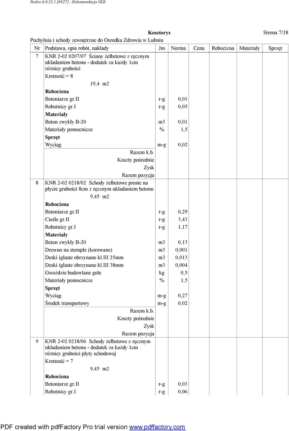 i r-g 0,05 Beton zwykły B-20 m3 0,01 pomocnicze % 1,5 Wyciąg m-g 0,02 8 KNR 2-02 0218/02 Schody żelbetowe proste na płycie grubości 8cm z ręcznym układaniem betonu 9,45 m2 Betoniarze gr.