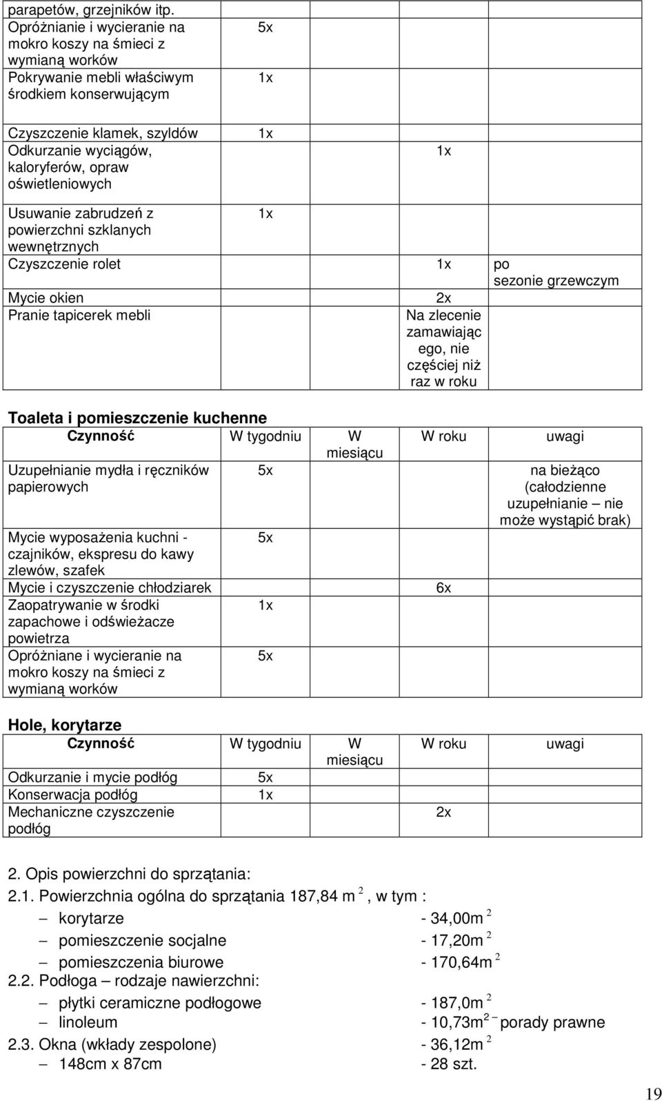 oświetleniowych Usuwanie zabrudzeń z powierzchni szklanych wewnętrznych Czyszczenie rolet po sezonie grzewczym Mycie okien Pranie tapicerek mebli Na zlecenie zamawiając ego, nie częściej niż raz w