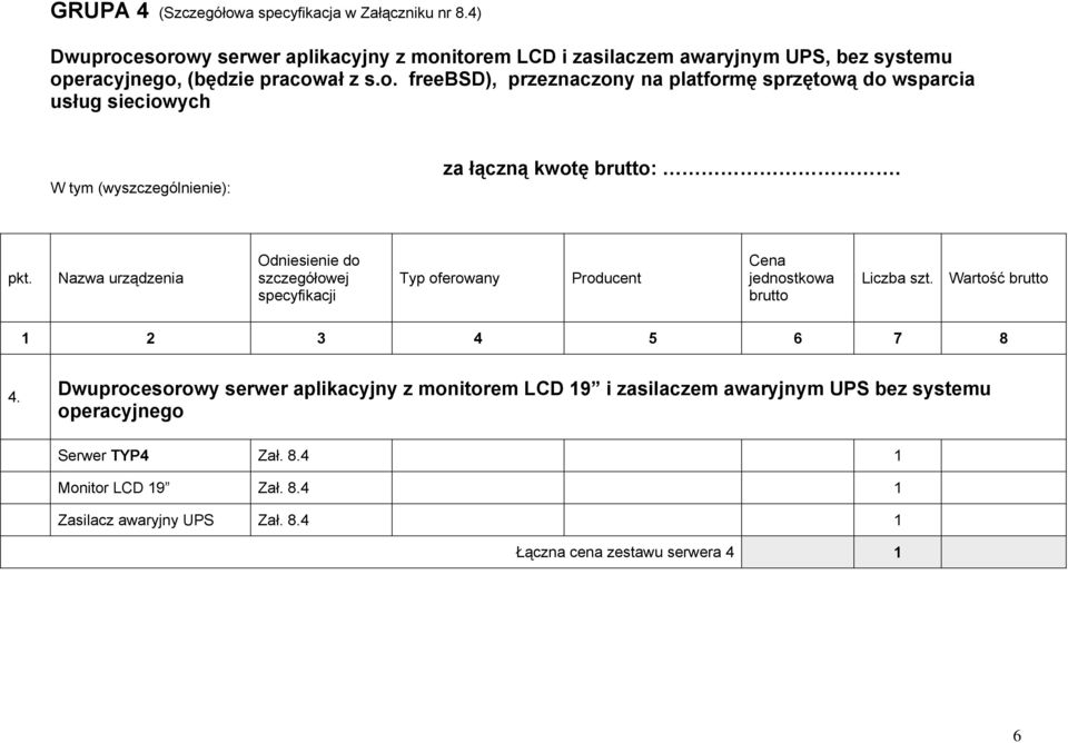 Wartość 4. Dwuprocesorowy serwer aplikacyjny z monitorem LCD 19 i zasilaczem awaryjnym UPS bez systemu operacyjnego Serwer TYP4 Zał.