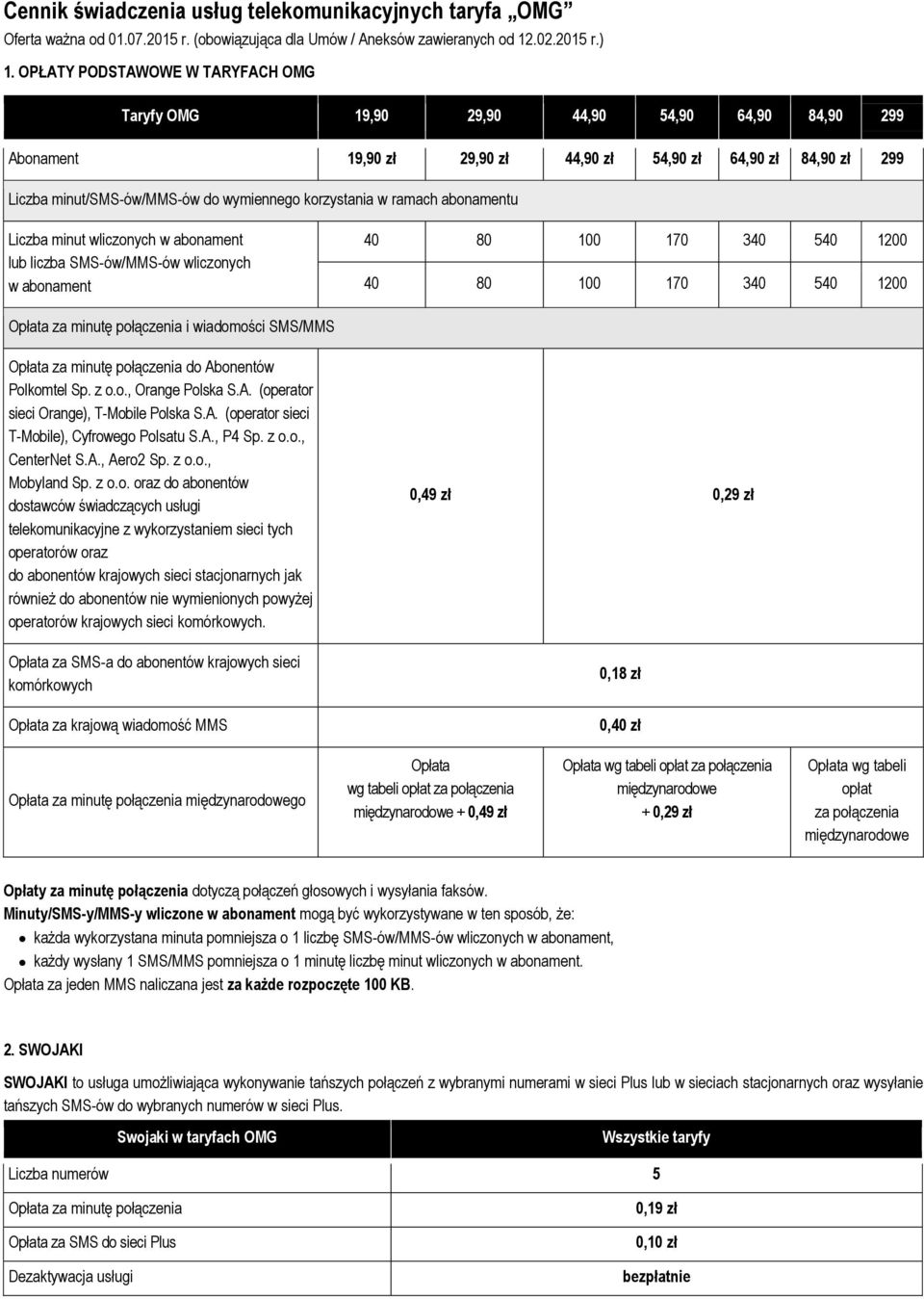 korzystania w ramach abonamentu Liczba minut wliczonych w abonament lub liczba SMS-ów/MMS-ów wliczonych w abonament 40 80 100 170 340 540 1200 40 80 100 170 340 540 1200 za minutę połączenia i