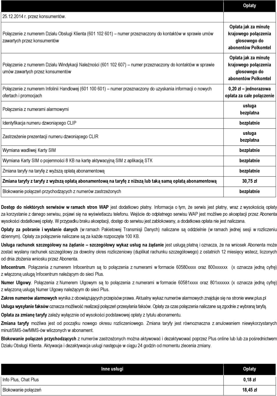 numer przeznaczony do kontaktów w sprawie umów zawartych przez konsumentów Połączenie z numerem Infolinii Handlowej (601 100 601) numer przeznaczony do uzyskania informacji o nowych ofertach i