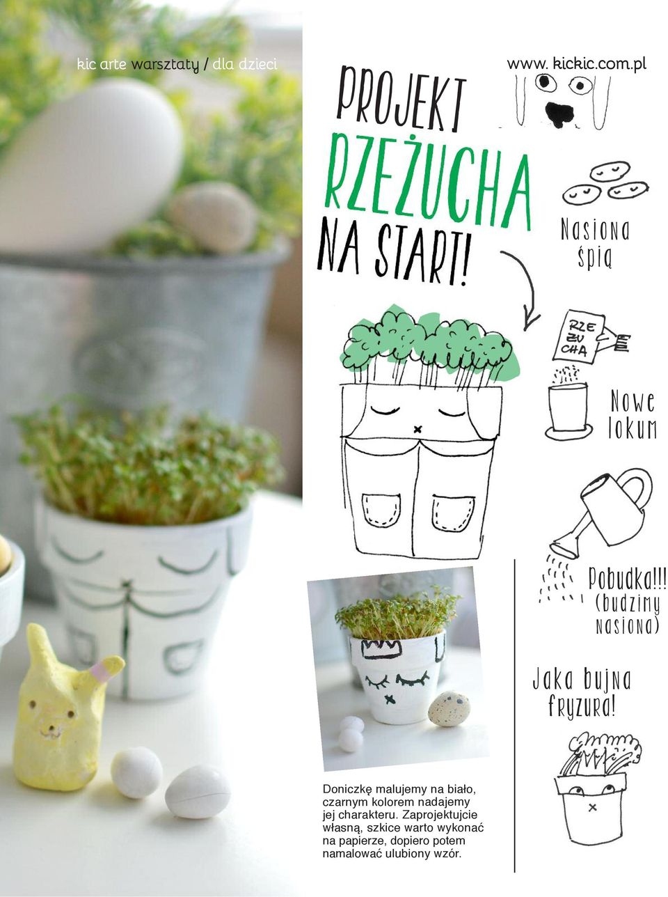 Doniczkę malujemy na biało, czarnym kolorem nadajemy jej charakteru.