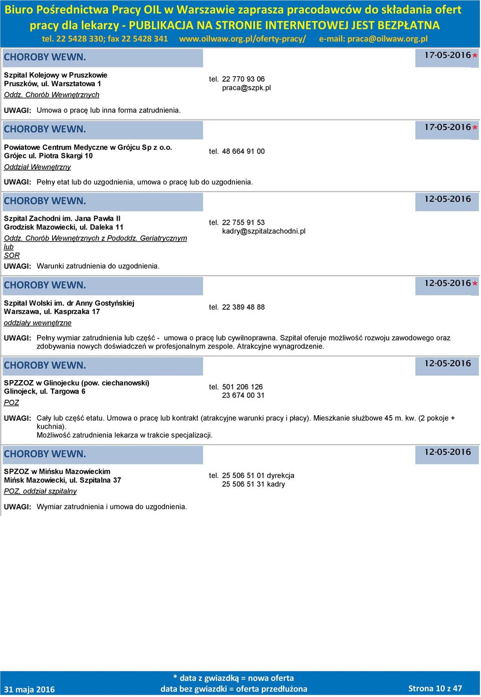 12-05-2016 Szpital Zachodni im. Jana Pawła II Grodzisk Mazowiecki, ul. Daleka 11 Oddz. Chorób Wewnętrznych z Pododdz. Geriatrycznym lub SOR UWAGI: Warunki zatrudnienia do uzgodnienia. tel.