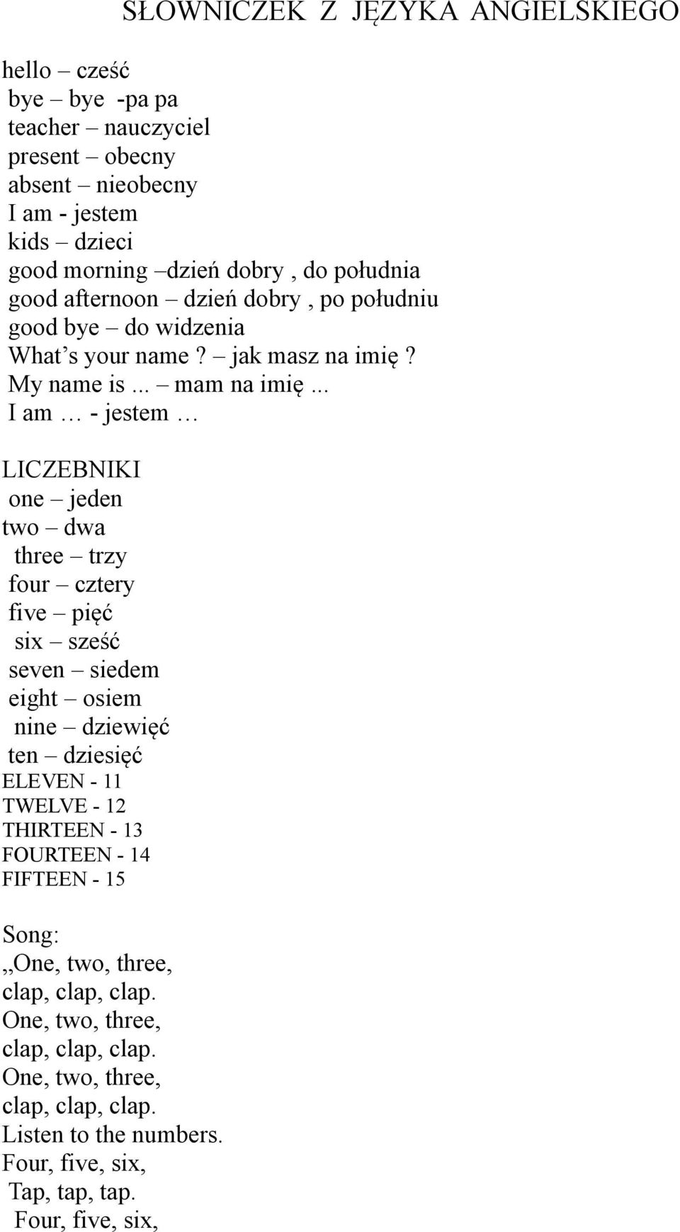 .. I am - jestem LICZEBNIKI one jeden two dwa three trzy four cztery five pięć six sześć seven siedem eight osiem nine dziewięć ten dziesięć ELEVEN - 11 TWELVE - 12