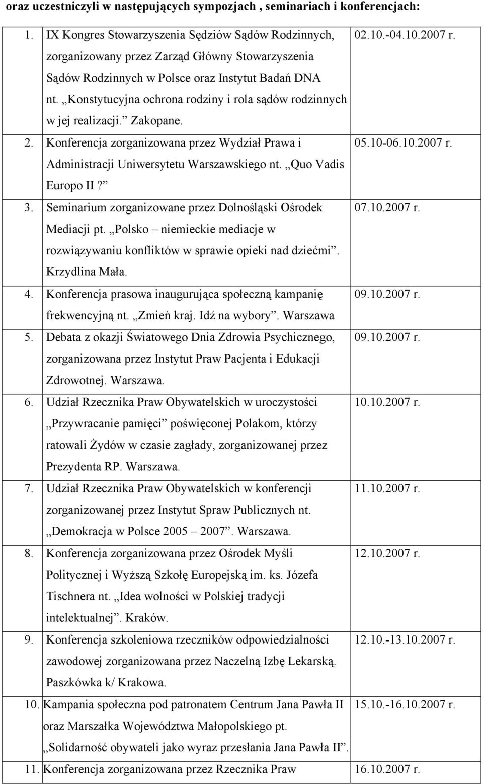 Konferencja zorganizowana przez Wydział Prawa i 05.10-06.10.2007 r. Administracji Uniwersytetu Warszawskiego nt. Quo Vadis Europo II? 3. Seminarium zorganizowane przez Dolnośląski Ośrodek 07.10.2007 r. Mediacji pt.