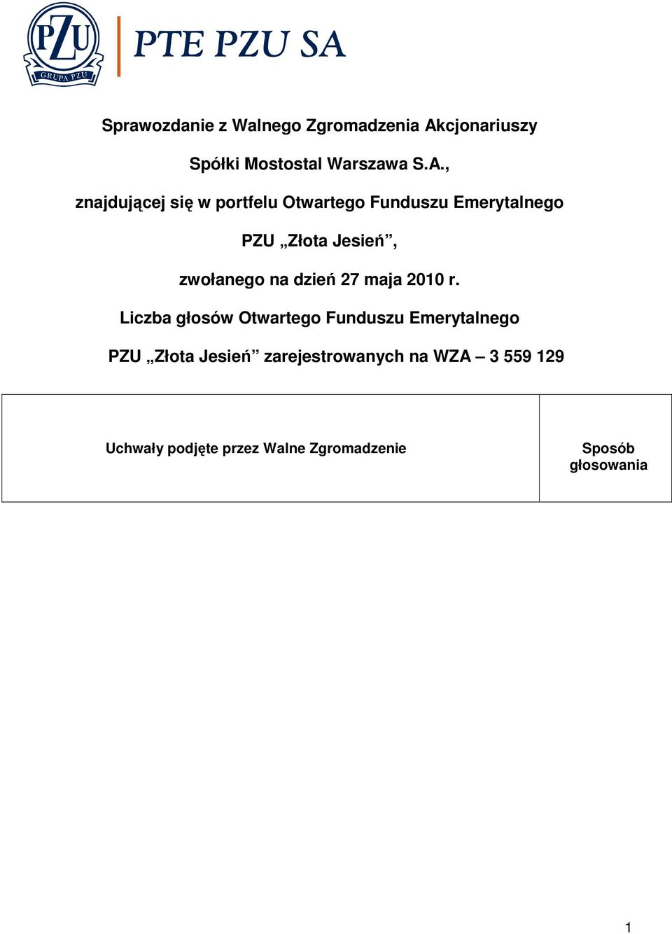 , znajdującej się w portfelu Otwartego Funduszu Emerytalnego PZU Złota Jesień,