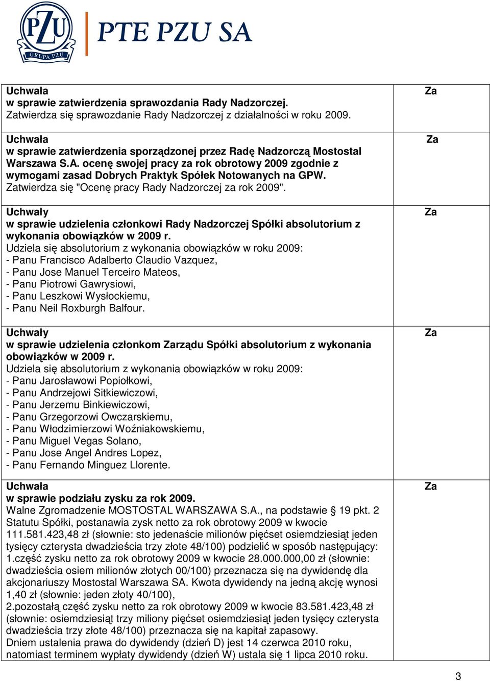 twierdza się "Ocenę pracy Rady Nadzorczej za rok 2009". Uchwały w sprawie udzielenia członkowi Rady Nadzorczej Spółki absolutorium z wykonania obowiązków w 2009 r.