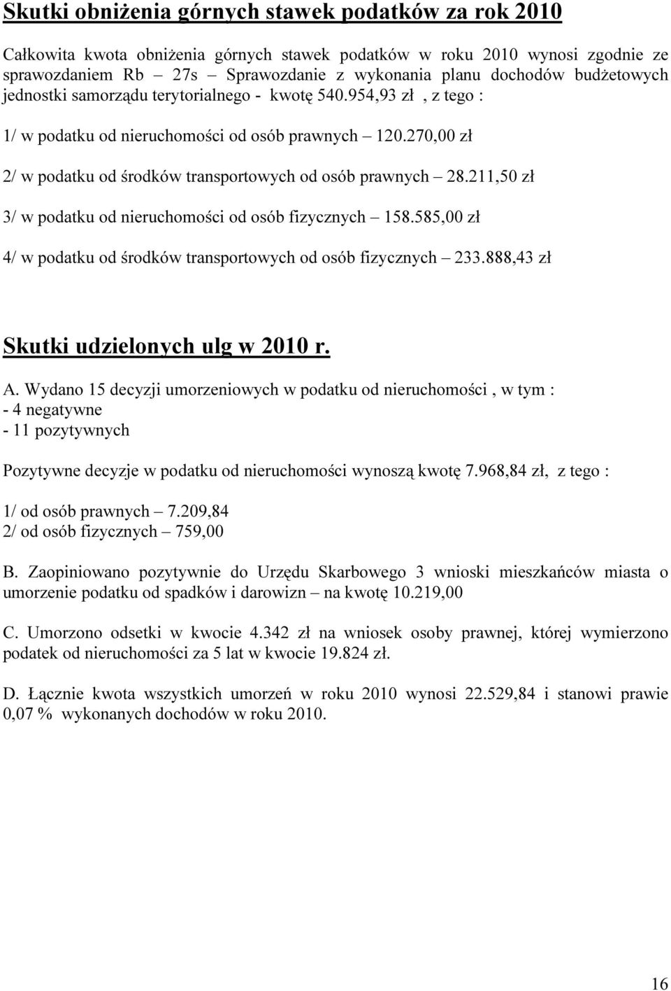 211,50 zł 3/ w podatku od nieruchomości od osób fizycznych 158.585,00 zł 4/ w podatku od środków transportowych od osób fizycznych 233.888,43 zł Skutki udzielonych ulg w 2010 r. A.