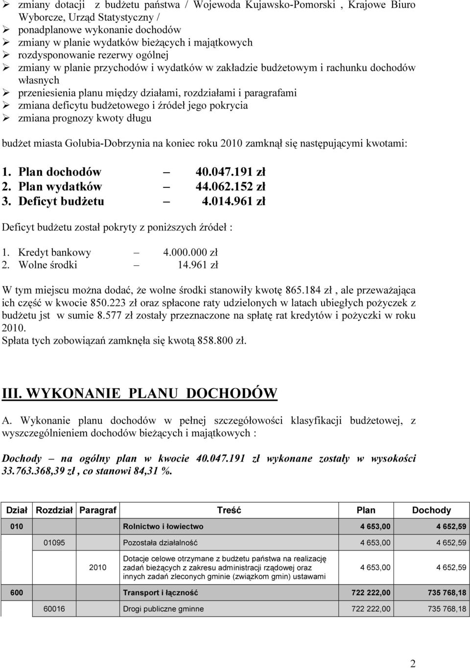 deficytu budżetowego i źródeł jego pokrycia zmiana prognozy kwoty długu budżet miasta Golubia-Dobrzynia na koniec roku 2010 zamknął się następującymi kwotami: 1. Plan dochodów 40.047.191 zł 2.