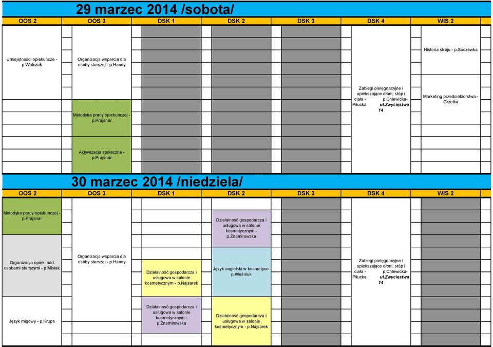 zwycięstwa 14 Marketing przedsiebiorstwa - Grzelka Aktywizacja społeczna - 30 marzec 2014 /niedziela/ 2 OOS 3 DSK 1 DSK 2 DSK 3 DSK 4 WIS 2 kosmetycznym - p.