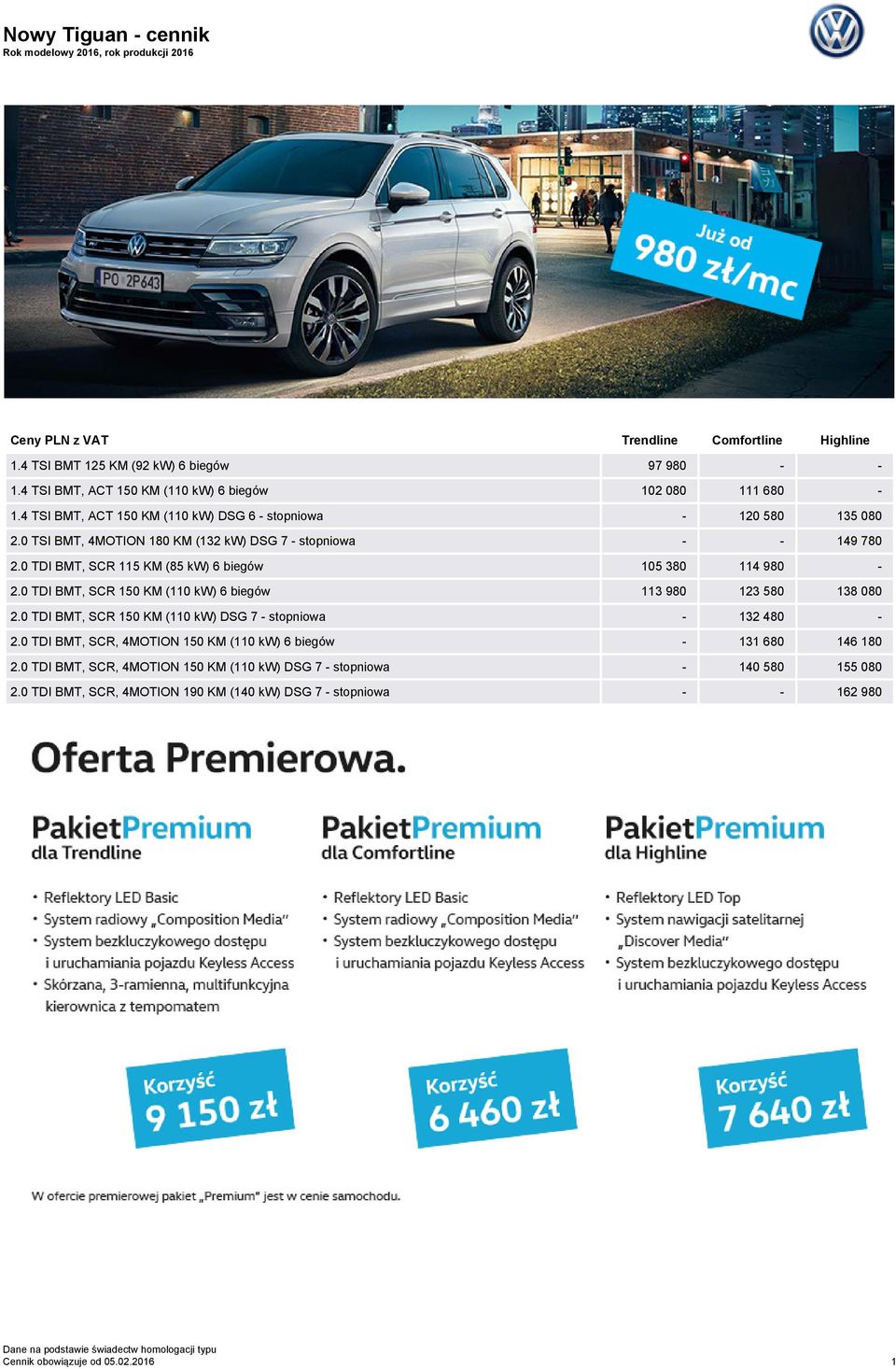 0 TDI BMT, SCR 115 KM (85 kw) 6 biegów 105 380 114 980-2.0 TDI BMT, SCR 150 KM (110 kw) 6 biegów 113 980 123 580 138 080 2.0 TDI BMT, SCR 150 KM (110 kw) DSG 7 - stopniowa - 132 480-2.