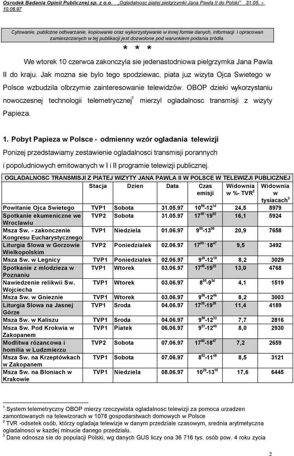 Jak mozna sie bylo tego spodziewac, piata juz wizyta Ojca Swietego w Polsce wzbudzila olbrzymie zainteresowanie telewidzów. OBOP dzieki wykorzystaniu nowoczesnej technologii telemetrycznej 1 Papieza.