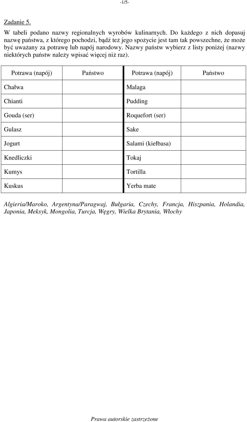Nazwy państw wybierz z listy poniżej (nazwy niektórych państw należy wpisać więcej niż raz).