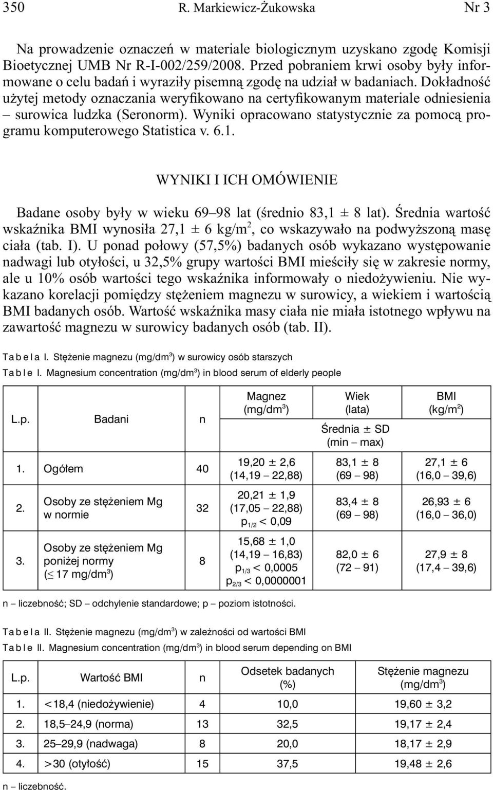 Dokładność użytej metody oznaczania weryfikowano na certyfikowanym materiale odniesienia surowica ludzka (Seronorm). Wyniki opracowano statystycznie za pomocą programu komputerowego Statistica v. 6.1.