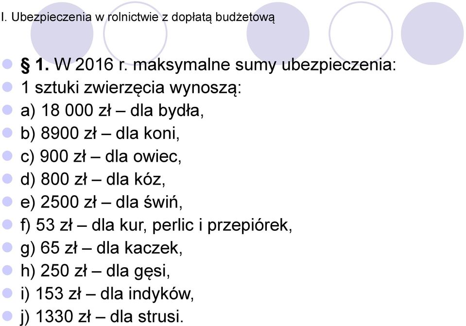 8900 zł dla koni, c) 900 zł dla owiec, d) 800 zł dla kóz, e) 2500 zł dla świń, f) 53 zł