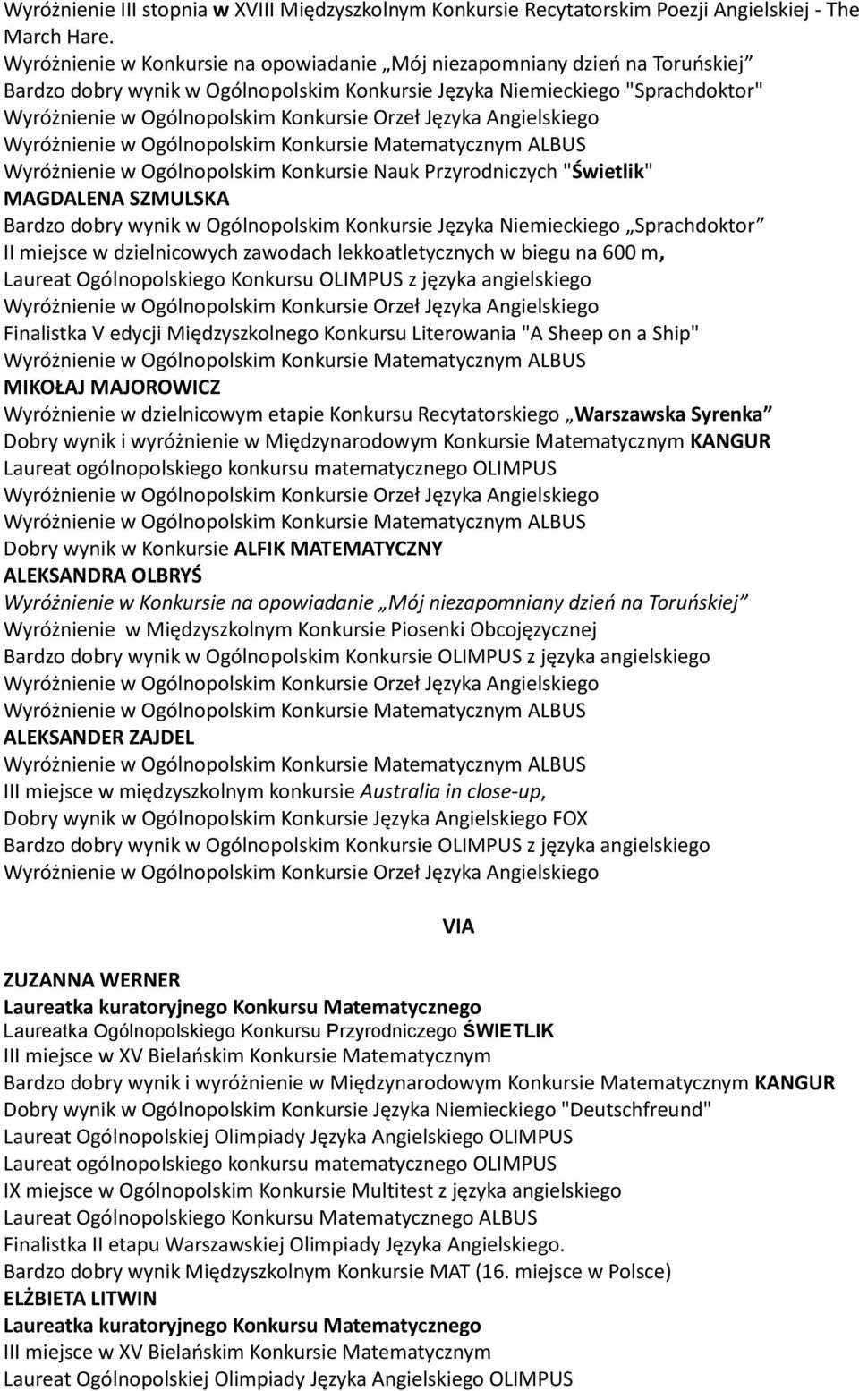 zawodach lekkoatletycznych w biegu na 600 m, Laureat Ogólnopolskiego Konkursu OLIMPUS z języka angielskiego Finalistka V edycji Międzyszkolnego Konkursu Literowania "A Sheep on a Ship" MIKOŁAJ