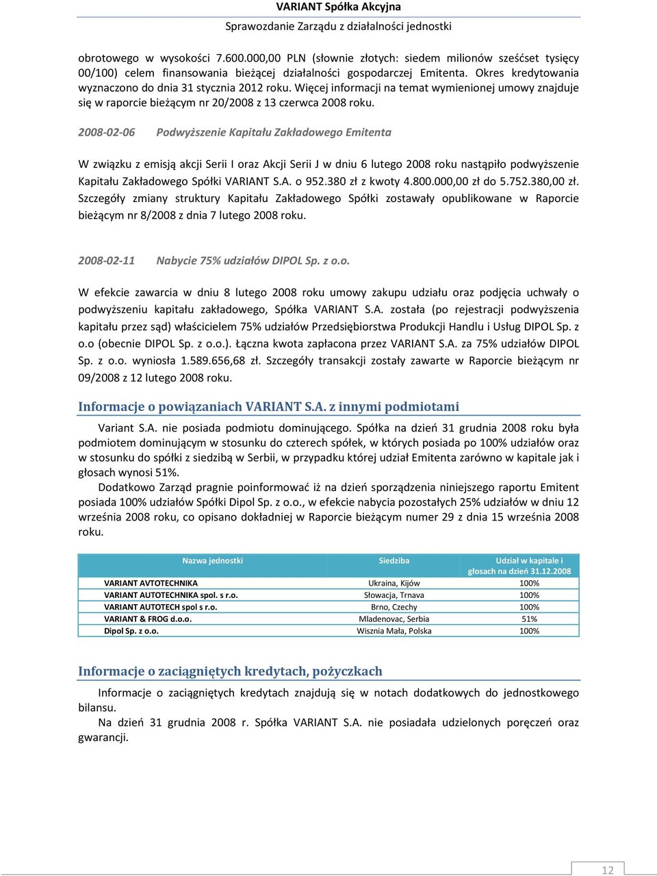 2008-02-06 Podwyższenie Kapitału Zakładowego Emitenta W związku z emisją akcji Serii I oraz Akcji Serii J w dniu 6 lutego 2008 roku nastąpiło podwyższenie Kapitału Zakładowego Spółki VARIANT S.A. o 952.